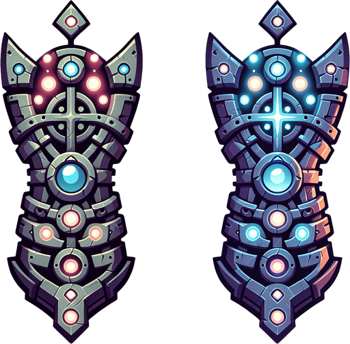 A stylized metallic bracer or weapon hilt showing empty sockets being filled by small, glowing runes or gems..
Single Game Texture.  In-Game asset.  2d.  Blank background.  High contrast.  No shadows