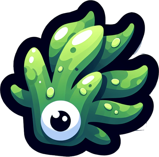 Seeweed with eyes.
Single Game Texture.  In-Game asset.  2d.  Blank background.  High contrast.  No shadows