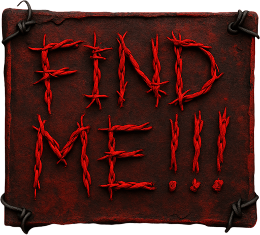 Scary sign have galvanized wires for message with description "find me!!!".red color text
In-Game asset.  High contrast.  No shadows. 3D