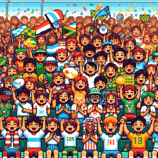 8-bit pixelated cheering group of young fans at the olympics holding signs, Vuvuzelas and confetti.
Single Game Texture. In-Game asset. 2d. Blank background. High contrast. No shadows.