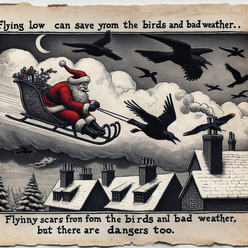 a pergament with a flying santa on his sledge hiding for ravens and storms. In front of him is a chimney. There is the text: "Flying low can save you from the birds and bad weather, but there are dangers too"
