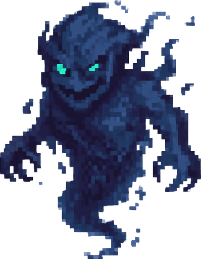 Create a pixel-art ghostly character based on the Turkish folklore concept of a "cin" (djinn). The character should have a semi-transparent, smoky body with ethereal, shifting edges. Its face should be menacing, with glowing green or blue eyes and a faint, wicked smile. Add small, broken chains or mystical symbols faintly visible on its body to suggest it was once sealed. It should be levitating, with ghost-like movement and a cursed aura. The color palette should include shades of dark blue, purple, and gray. 2D horror game style, PNG with transparent background, idle or float animation frame..
In-Game asset.  2d.  High contrast.  No shadows
