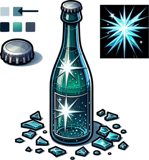 "Design a 2D bottle for a bottle shooter game. The bottle should have a realistic yet playful look, with a glossy finish and visible details like a label and cap. It should be breakable into pieces when hit, with a glassy texture and clear reflections. Keep the design simple but visually appealing, suitable for mobile gameplay, and easy to recognize at various distances.".
Single Game Texture. In-Game asset. 2d. Blank background. High contrast. No shadows.