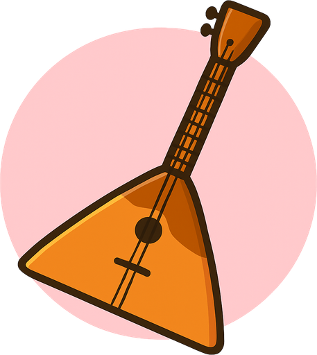 A detailed yet simple 2D illustration of a traditional Russian balalaika. The instrument should have a triangular wooden body, three strings, and a long, narrow neck. Style it in cartoon or flat vector format with soft shadows and bold outlines. Use warm wood tones (orange/brown), and make sure the shape is iconic and easily recognizable. Designed for mobile game use. Export as a transparent PNG, suitable for placing in quizzes or instrument selection scenes.. rounded background with pink
In-Game asset.  2d.  High contrast.  No shadows