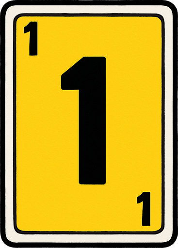 Rectangular card numbered 1, with a white border around it and a yellow background..
In-Game asset.  2d.  High contrast.  No shadows