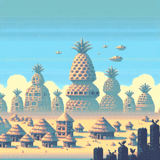 Create a minimal and stylized 8-bit pixelated background of an alien village made of pineapple-shaped huts, viewed from a distance so the buildings appear small and occupy a small lower part of the background. The sky should be light blue and occupy the majority of the image, with the huts constructed from various fruits and having primitive shapes. Use a softer color palette to ensure the background does not distract from the main game elements, capturing the essence of classic 8-bit era video games.
Single Game Texture. In-Game asset. 2d. Blank background. High contrast. No shadows.