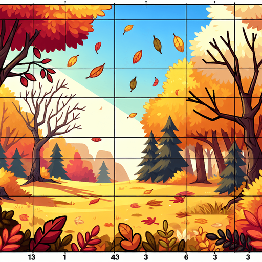 A background image for a puzzle video game depicting the season of fall. Cartoon.
Single Game Texture. In-Game asset. 2d. Blank background. High contrast. No shadows.