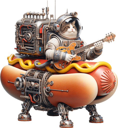 Mechanical hot dog spacecraft piloted by a cheeky, morbidly obese astronaut cat playing a fender stratocaster.
Single Game Texture. In-Game asset. 2d. Blank background. High contrast. No shadows.