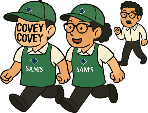 Los dos persoanjes que van corriendo tienen que llevar ropa similar, la cual es Mandil verde con logo de sams club, al igual que la gorra.
Playera blanca de polo y pantalones negros.
La chica usa lentes y el molote es mas pequeño.
Que los colores sean mas claros, no quiero ese tono sepia