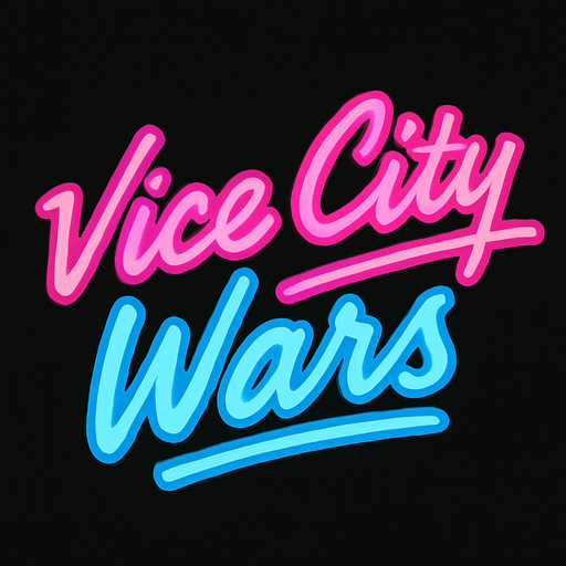 letras de color rosa y azul y con cursiva que digan vice city wars.
In-Game asset.  2d.  High contrast.  No shadows