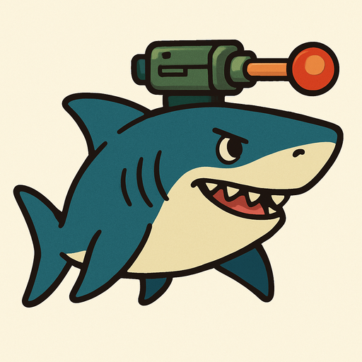 Shark with lasergun on his head, sideview, ghibli style.
In-Game asset.  2d.  High contrast.  No shadows