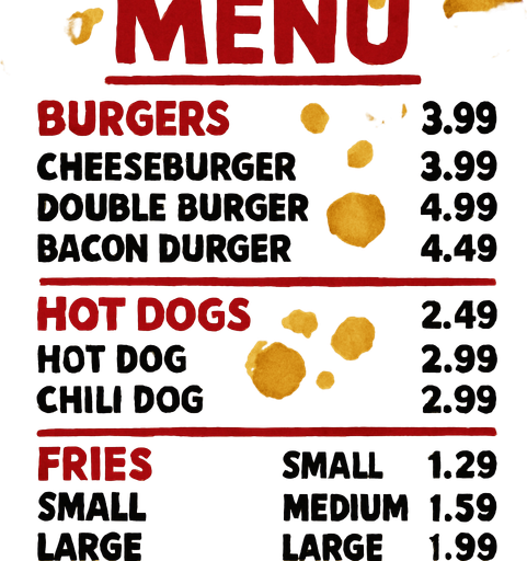 a greasy fast food styled menu with stains.
In-Game asset.  2d.  High contrast.  No shadows