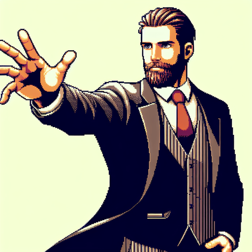 Create a single bearded man in a suit reaching out holding an imaginary weapon, I want him generated in 32 bit graphic style and i want to see his entire body.
Single Game Texture. In-Game asset. 2d. Blank background. High contrast. No shadows.