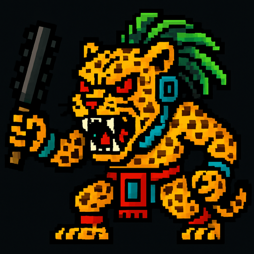 Genérame una Jaguar guerrero azteca con eso patrones, estilo pixelar, con una apariencia maligna, ojos rojos, rabioso. Unidad cuerpo a cuerpo.
In-Game asset.  2d.  High contrast.  No shadows