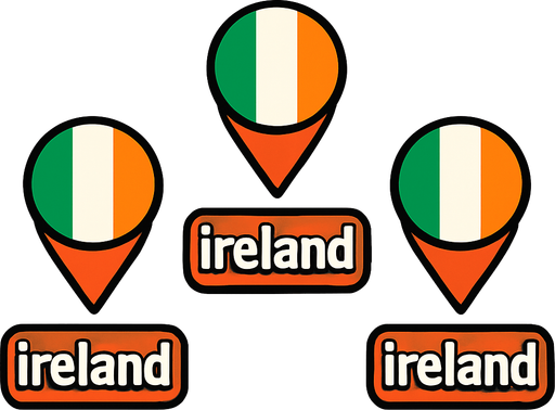 A flat, 2D game UI-style asset showing a vertical set of three country pins labeled: "ireland". Each pin includes a circular flag icon above the text label. The layout is columnar, cartoonish, and visually clean. Each pin should be exportable or usable individually for a mobile game's level selection screen..
In-Game asset.  2d.  High contrast.  No shadows