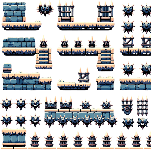 A spritesheet in sideperspectie showing various platform for a platformer game, some of them with medieval spilketraps or sets of spiked pallisades..
Single Game Texture. In-Game asset. 2d. Blank background. High contrast. No shadows.
