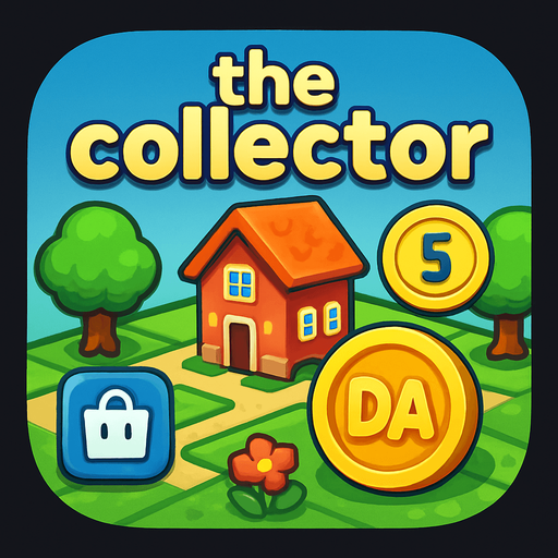 Modern App Store icon, square with rounded corners,  HD colors for a 2d game titled "The Collector" and with the description "about building houses and trees and decorations on a map to make it look like city, which then generate "DA" coins after a countdown timer expires. Players can collect these coins to increase their score, which they can then use to purchase more houses and trees and decorations from the shop button on the middle left side of the screen". with text on the middle top of the banner "the collector"!