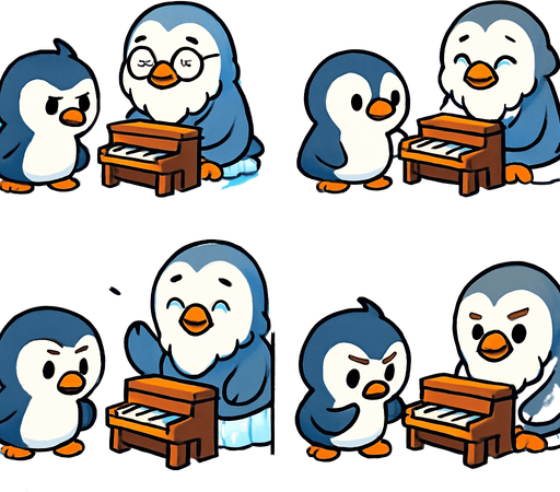 4-panel comic strip, no text, cute cartoon style, bright colors, black outlines.
Characters: Penguin Hero (small, determined) + Penguin Princess (elegant, crown) + Village Penguins
Central Theme: Music connects hearts, piano mastery wins love. Story: Old wise penguin teaches Hero about music and courage

Panel 1: Hero meets old penguin with small piano on ice floe
Panel 2: Old penguin demonstrates simple piano scales, notes are warm/golden
Panel 3: Hero tries playing, makes mistakes but old penguin encourages
Panel 4: Hero practices with determination, musical notes getting brighter.
In-Game asset.  2d.  High contrast.  No shadows