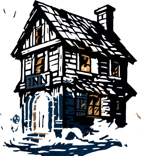 A rundown inn on the edge of a village, candlelight flickering through broken shutters, children peeking from dark corners, cold and lonely air.
In-Game asset.  2d.  High contrast.  No shadows