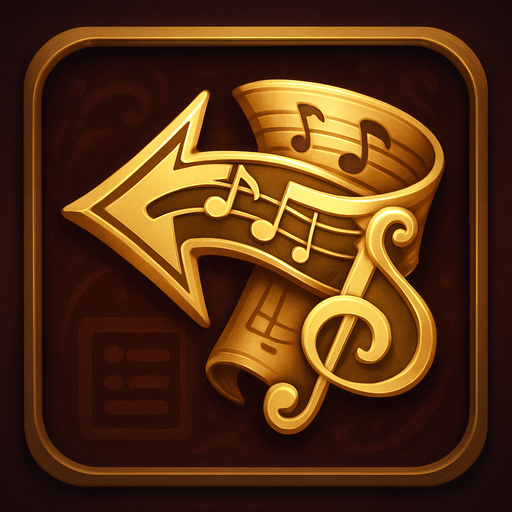 Design a button icon for "Back to Menu" in a fantasy tower defense game set in a haunted, musical concert hall.

The button should feature a stylized arrow pointing left, wrapped in or formed by musical elements such as a ribbon of notes, a bass clef, or a scroll with a staff line.

The background should be elegant and soft: deep velvet red or dark wood with subtle glow.
Optional: add a small menu symbol (like sliders or a parchment icon) subtly integrated behind or beneath the arrow.

Keep the icon square (256×256 px), readable at small sizes, and without text.
Style should match the UI of the game—refined, fantasy-themed, and orchestral in tone..
In-Game asset.  2d.  High contrast.  No shadows