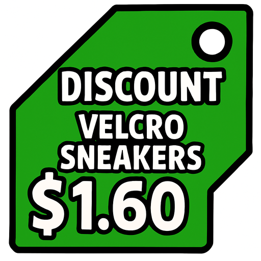 Green pricetag that says discount Velcro sneakers $1.60.
In-Game asset.  2d.  High contrast.  No shadows