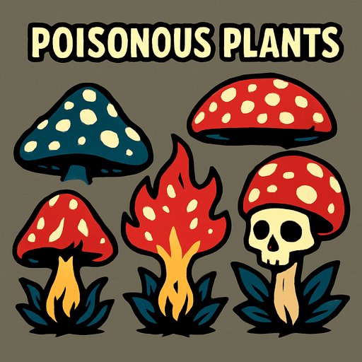poisonous plants that look like Vinera muscaria.
In-Game asset.  2d.  High contrast.  No shadows
