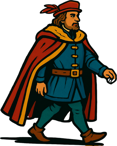 bir orta çağ şehrinin soylu dükü görünümünde yap orta yaşlarda sağdan solda yürür gibi.
In-Game asset.  2d.  High contrast.  No shadows