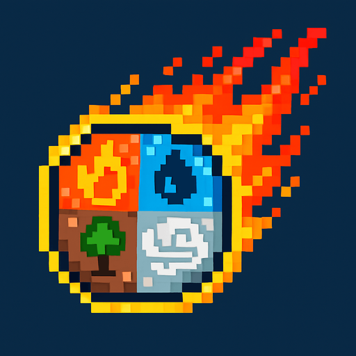 Generame unm meteorito pixelar elemental con todos los elementos.
In-Game asset.  2d.  High contrast.  No shadows
