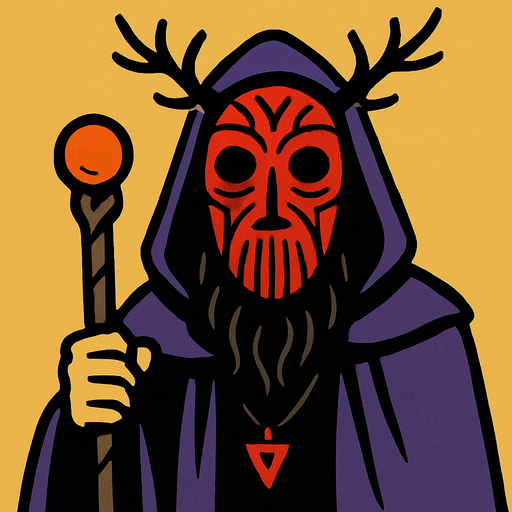 Mor perelinli bir büyücü yüzünde bir pagan maskesi var.
In-Game asset.  2d.  High contrast.  No shadows