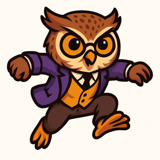 A stylized cartoon owl mascot with a sharp business suit, resembling a professional professor or detective. The owl has large expressive orange eyes, a speckled brown head, and detailed feathers. Its body is in mid-jump pose as if performing a parkour leap, arms slightly bent for momentum, legs tucked upward. The style is clean 2D vector art with high contrast, no shadows, and vibrant colors. Purple blazer, golden vest, black tie remain consistent. Background is blank. Focus on dynamic motion and confident energy, game-ready sprite texture.