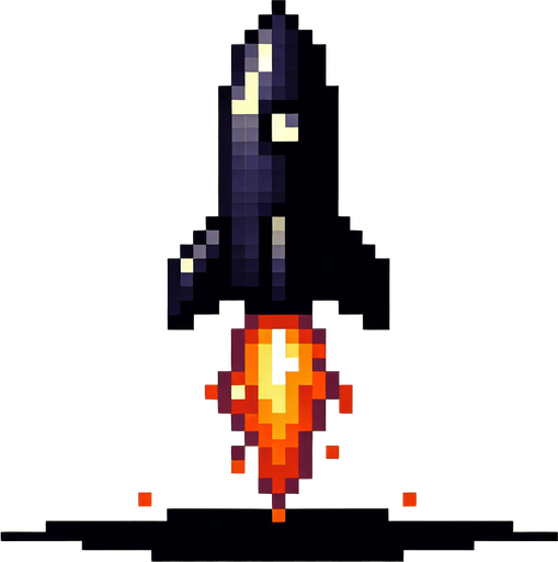 8 bit image black rocket with fire tail.
Single Game Texture.  In-Game asset.  2d.  Blank background.  High contrast.  No shadows