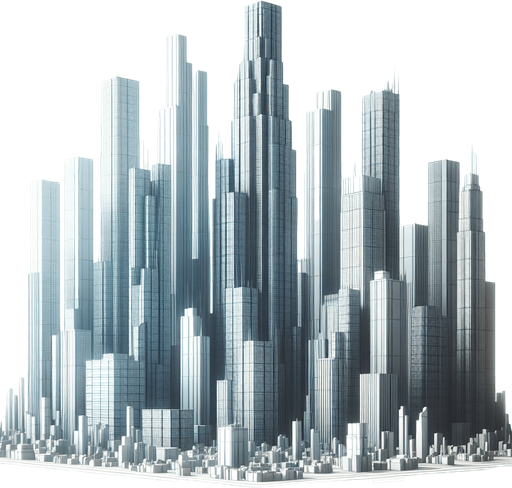 futuristic blocks of  sky scrapers.
Single Game Texture. In-Game asset. 2d. Blank background. High contrast. No shadows.