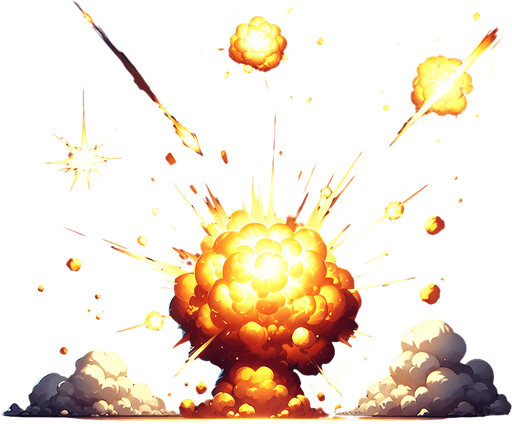 Initial Impact:

Start with a bright flash of light (yellow or white) at the point of collision to indicate the impact.
Explosion Burst:

Create a series of expanding fireballs with glowing orange, red, and yellow hues.
Add smoke trails or debris flying outward from the center of the explosion.
Animation Details:

Make the explosion dynamic, starting with a fast expansion and then slowly fading out.
Include flickering or sparking effects for added realism.
Duration:

The entire animation should last around 0.5–1 second to ensure it feels impactful but doesn't interrupt gameplay flow.
Style:

Match the art style of the game, whether it's realistic, cartoonish, or pixelated, to ensure consistency..
Single Game Texture. In-Game asset. 2d. Blank background. High contrast. No shadows.