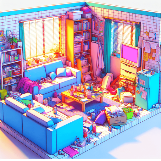 dağınık bir oturma odası, odanın içinden görünüm. 3d renkli anime, çizgi film