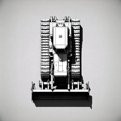 Bulldozer viewed strictly from top. Top view as if we are a drone..
Single Game Texture. In-Game asset. 2d. Blank background. High contrast. No shadows.