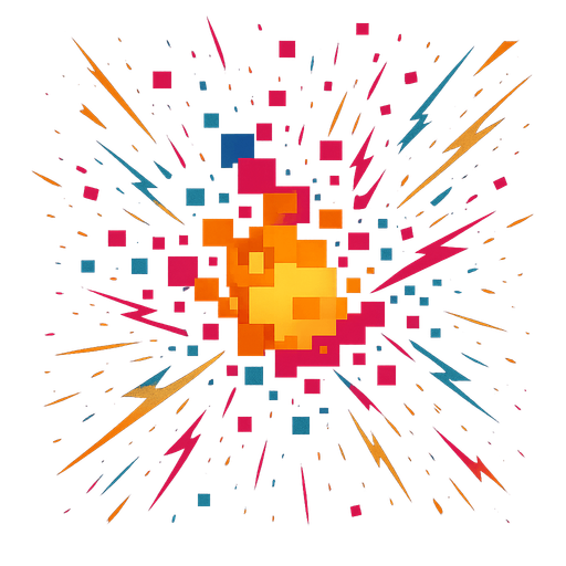digital explosion. squares. pixels. chaos. neon. sparks.
In-Game asset.  2d.  High contrast.  No shadows
