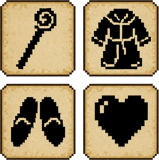 Four square cards with rounded, embossed edges with parchment texture for background. One shows an icon of wizards staff, one shows an icon of a wizards robe, one shows an icon of a pair of wizards slippers and one shows an icon of a heart. Pixelated retro video game art..
In-Game asset.  2d.  High contrast.  No shadows
