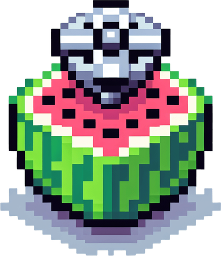 8-bit pixelated isometric cute watermelon with a rotor above.
Single Game Texture. In-Game asset. 2d. Blank background. High contrast. No shadows.