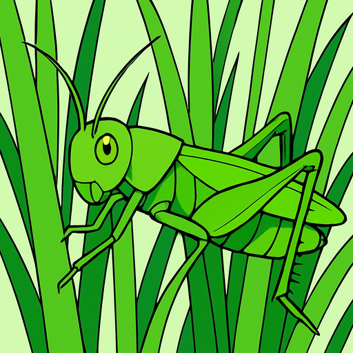 gambar 2d anime belalang hijau menempel di rumput panjang.
In-Game asset.  2d.  High contrast.  No shadows