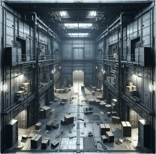 A gritty, industrial warehouse room viewed directly from above. The room has metallic walls, scattered debris, and crates across the floor. There are entrances in the middle center of each wall: top, bottom, left, and right, resembling doorways. The room fills the entire frame, with dim lighting to create an intense atmosphere..
Full-frame, top-down view of an industrial warehouse room. Metallic walls, scattered debris, and crates. Open entrances centered on each wall: top, bottom, left, and right. Dim lighting, no 3D perspective.
