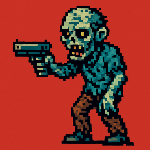 elinde silah tutan bir zombi çiz pixel tarzı ile.
In-Game asset.  2d.  High contrast.  No shadows