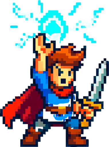 a hero, channeling, pixel art.
In-Game asset.  2d.  High contrast.  No shadows