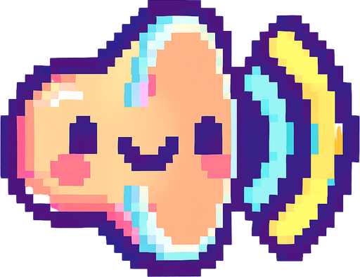 A small and cute pixel art icon representing sound on, designed for a 2D game UI. The icon shows a colorful, rounded speaker with smiling face and small animated sound waves coming out in bright pastel colors like yellow and light blue. The design is chibi and cartoonish, with soft outlines and playful details. It fits the style of a fun, colorful retro arcade game..
In-Game asset.  2d.  High contrast.  No shadows. pixel art. cute. ui icon. colorful. retro style. chibi. cartoonish