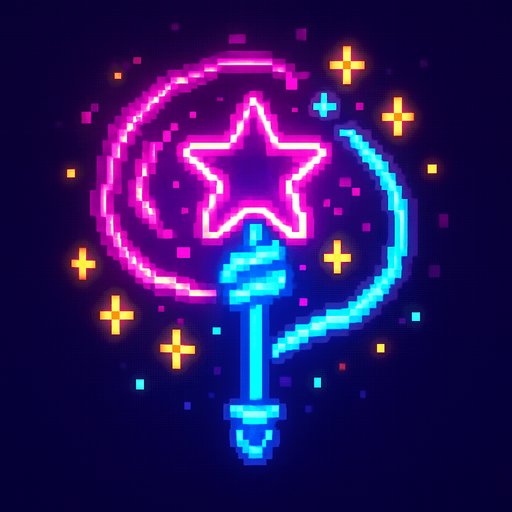 neon ışıklı büyü piksel.
In-Game asset.  2d.  High contrast.  No shadows