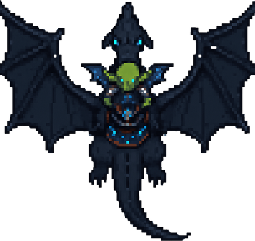 “Top-down pixel art of a goblin riding a flying  black - dark blue dragon. The dragon has wide, leathery wings fully extended, a long tail, sharp back ridges, and glowing blue eyes. It’s flying mid-air, viewed directly from above. The goblin is sitting on the dragon’s back,  blue dragon wings, holding reins or gripping a saddle, wearing dark fantasy armor with blue glowing runes. Designed as a 2D game sprite with a fantasy style, organic (non-mechanical) dragon, both characters seen from above.”.
In-Game asset.  2d.  High contrast.  No shadows