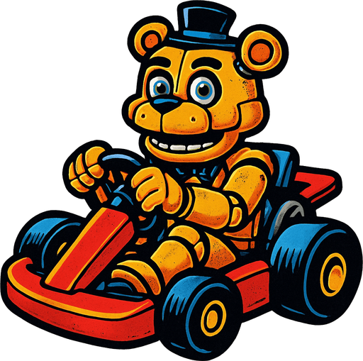 Un oso dorado animatronico en un kart.
In-Game asset.  High contrast.  No shadows