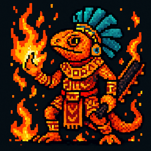 Generame un guerrero azteca con patrones, estilo pixelar, ademas sera una iguana humanoide, con efectos de fuego.
In-Game asset.  2d.  High contrast.  No shadows