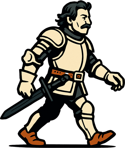 şovalye kıyafetli orta yaşlı bir adam belinde kılıcıyla sağdan sola yürür gibi.
In-Game asset.  2d.  High contrast.  No shadows