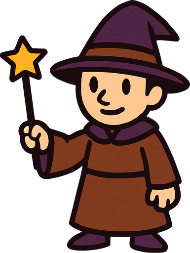 Mago con sombrero morado oscuro y marrón sin barba con varita con estrella, de cuerpo entero.
In-Game asset.  2d.  High contrast.  No shadows