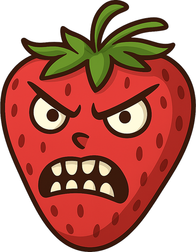 angry strawberry. No background. Transparent background. Blank background. No shadows. 2d. In-Game asset. flat